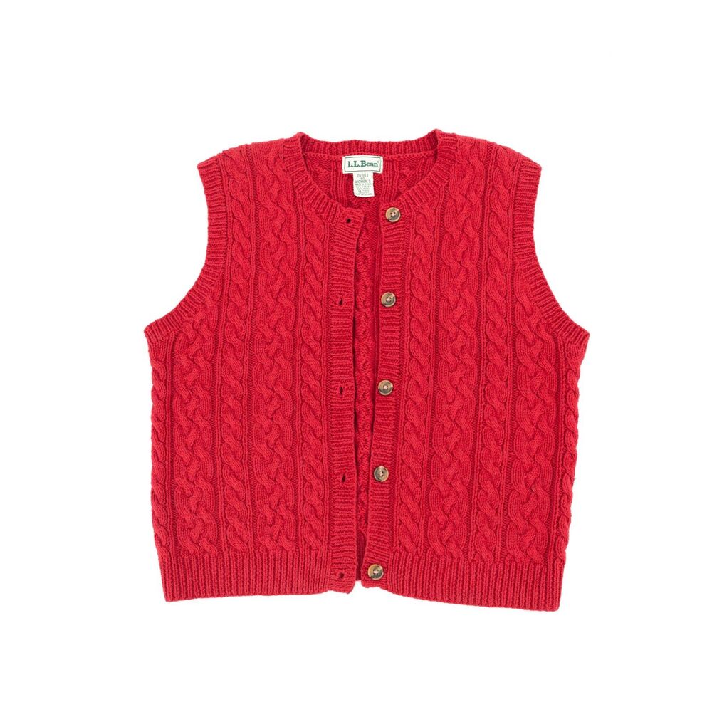 LL Bean Womens L Vintage Sweater Vest Red Cable Knit Cotton Wool Button Up Vest